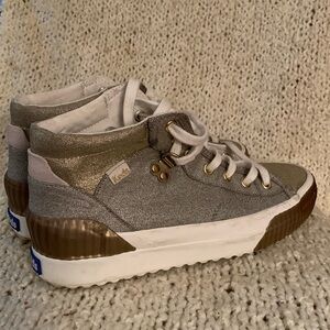 Keds women's high top silver/ gold sneakers, size 8.